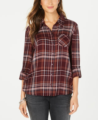 Style & Co Women's Petite Cotton Tab-Sleeve Plaid Shirt  Purple Size Petite Medium