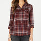 Style & Co Women's Cotton Tab Sleeve Plaid Shirt Purple Size Petite Small