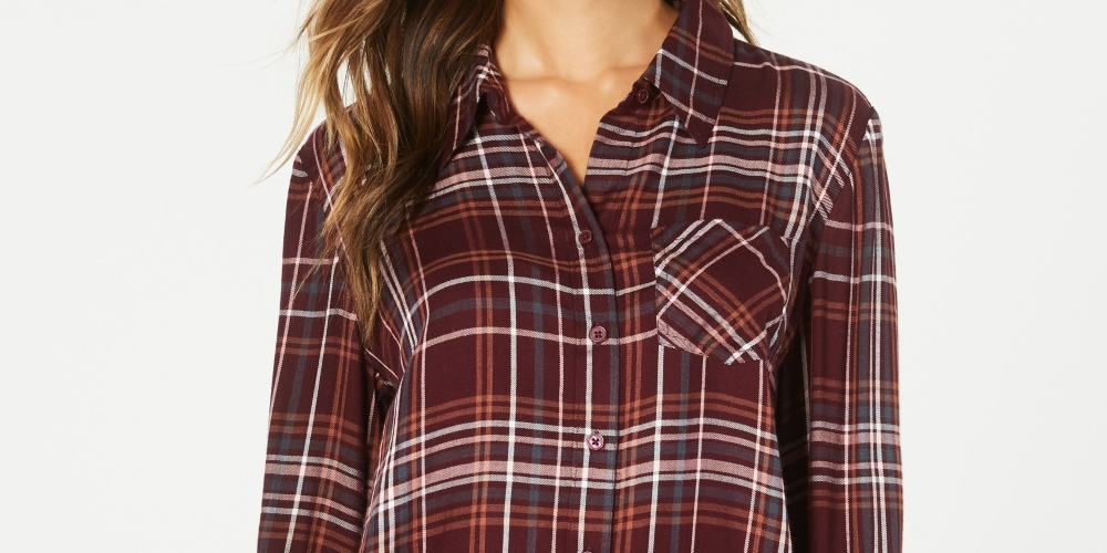 Style & Co Women's Petite Cotton Tab-Sleeve Petite Largeaid Shirt Purple Petite /Petite