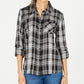 Style & Co Women's Petite Cotton Tab-Sleeve Plaid Shirt Black Size Petite Medium