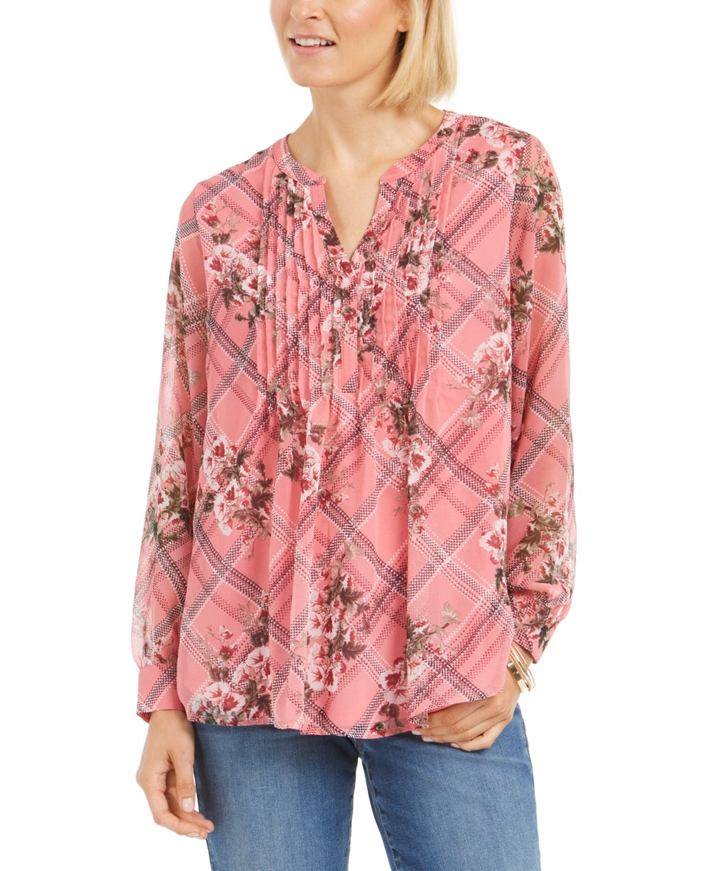 Charter Club Women's Mixed Print Split Neck Top Pink Size X-Large
