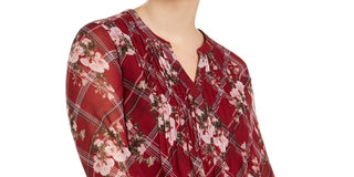 Charter Club Women's Printed Pintuck Front Top Wine Size 1X