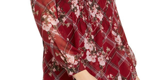 Charter Club Women's Printed Pintuck Front Top Wine Size 1X