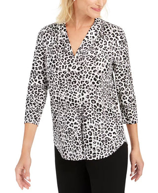 Charter Club Women's Animal Print Pleated V Neck Top White Size Large