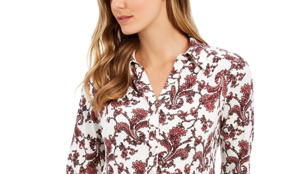 Charter Club Women's Printed 3/4 Sleeve Polo Top  White Size Petite Small