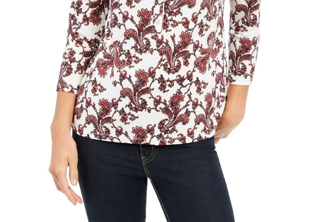 Charter Club Women's Printed 3/4 Sleeve Polo Top  White Size Petite Small