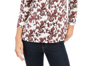 Charter Club Women's Printed 3/4 Sleeve Polo Top  White Size Petite Small