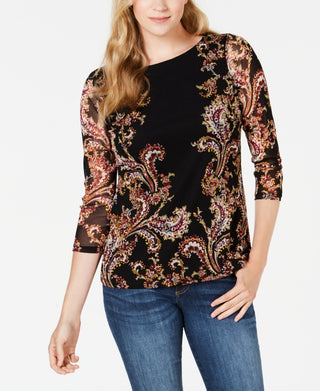 Charter Club Women's Floral Print Mesh Top Black Size Small