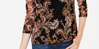 Charter Club Women's Floral Print Mesh Top Black Size Small