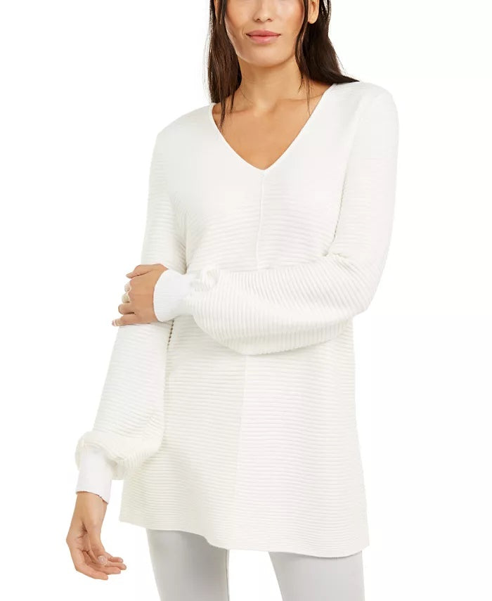Alfani Women's Ribbed Knit Tunic Sweater White Size Petite Small