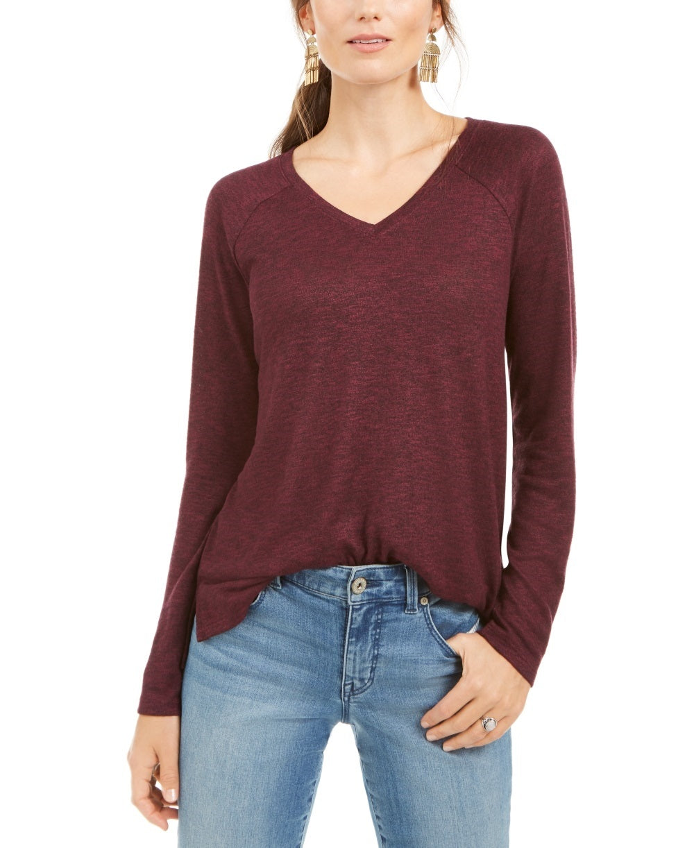 Style & Co Women's Marled Knit V Neck Top Wine Size Large