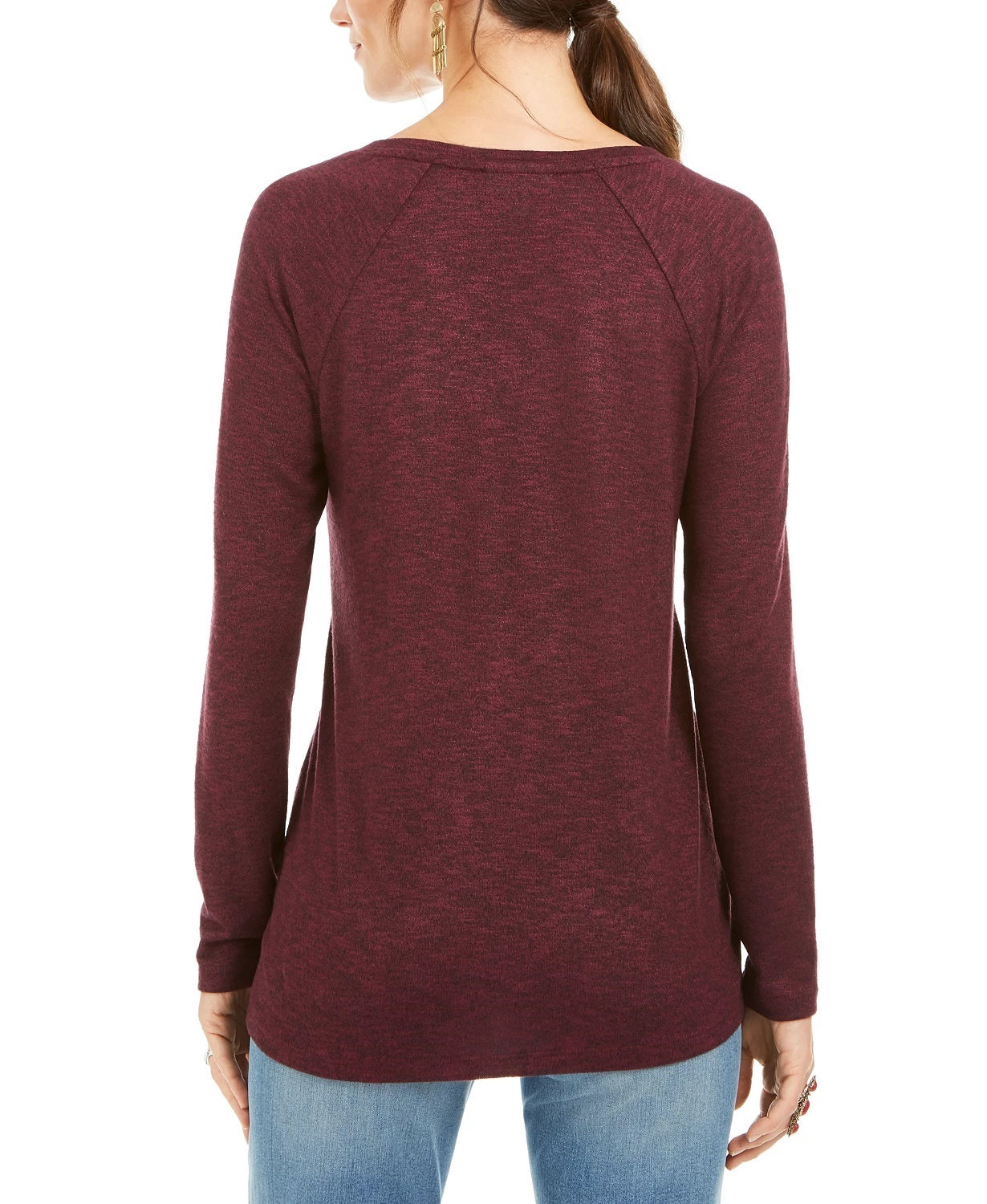 Style & Co Women's Marled Knit V Neck Top Wine Size Large