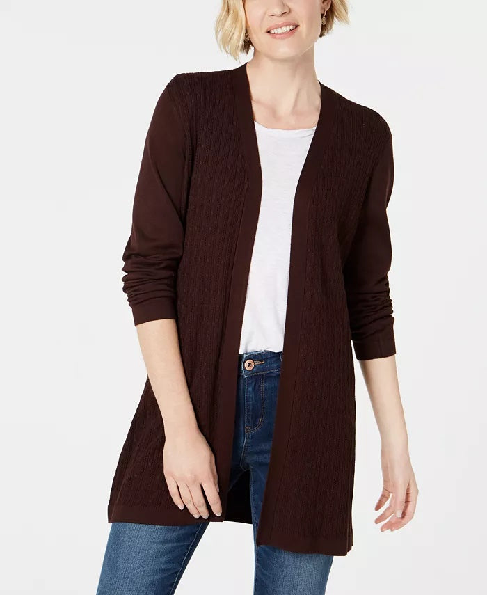 Karen Scott Women's Cotton Long Open Front Cardigan Beige Size Small