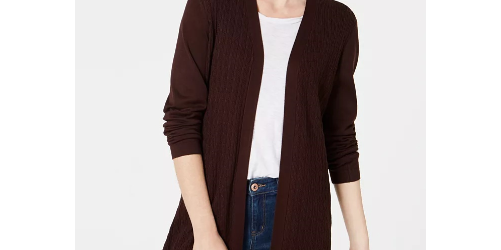 Karen Scott Women's Cotton Long Open Front Cardigan Beige Size Small
