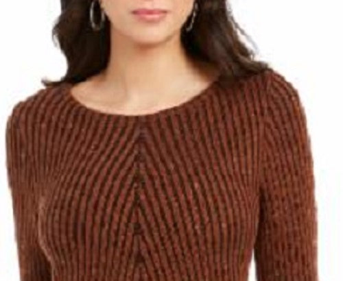 Style & Company Women's Textured  Knitted Printed Long Sleeve Jewel Neck T-Shirt Sweater Khaki Size Medium