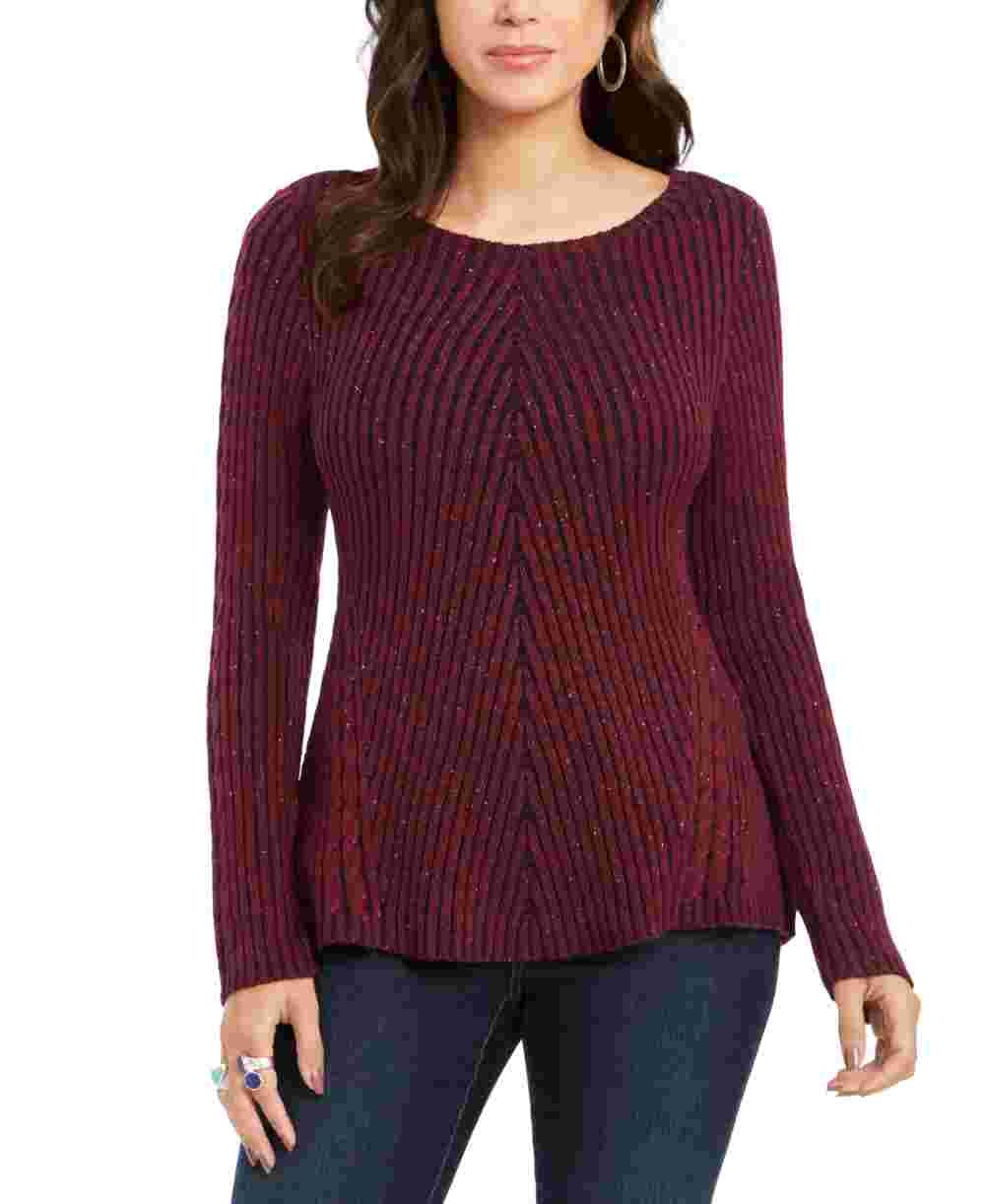 Style & Co Women's Textured Speckle Long Sleeve Jewel Neck T-Shirt Sweater Red Size Petite Petite