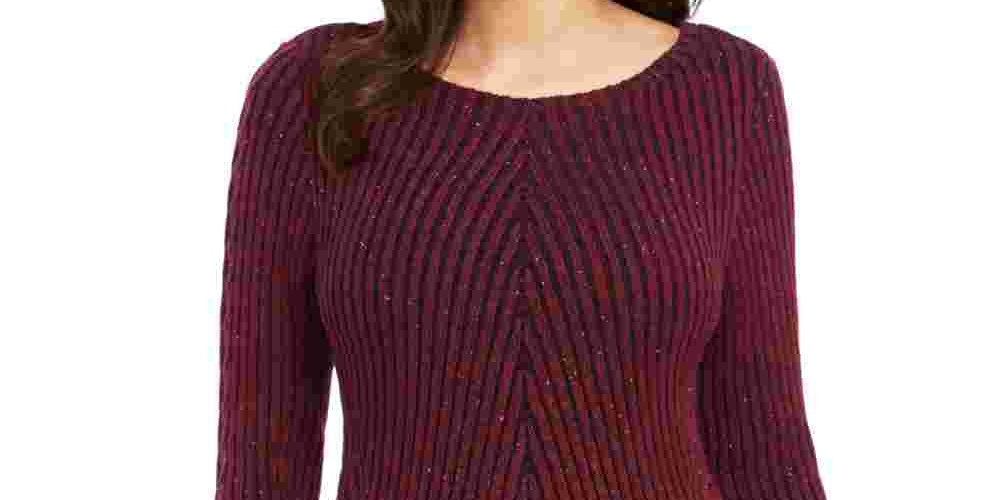 Style & Co Women's Textured Speckle Long Sleeve Jewel Neck T-Shirt Sweater Red Size Petite Petite