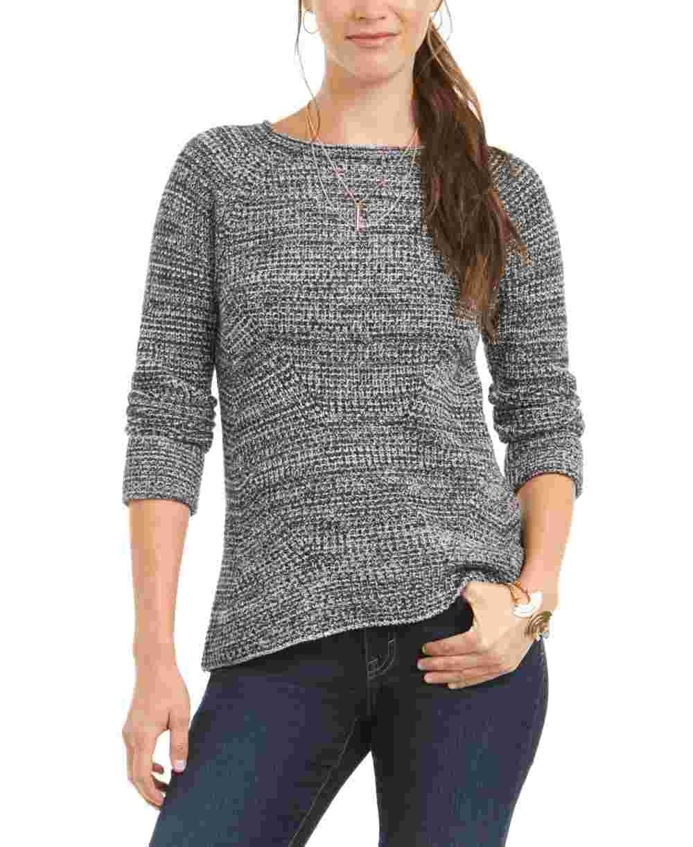Style & Company Women's Textured Heather Long Sleeve Jewel Neck Sweater Black Size Petite Medium