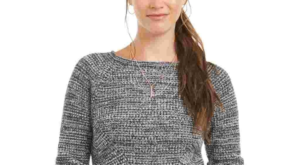 Style & Company Women's Textured Heather Long Sleeve Jewel Neck Sweater Black Size Petite Medium