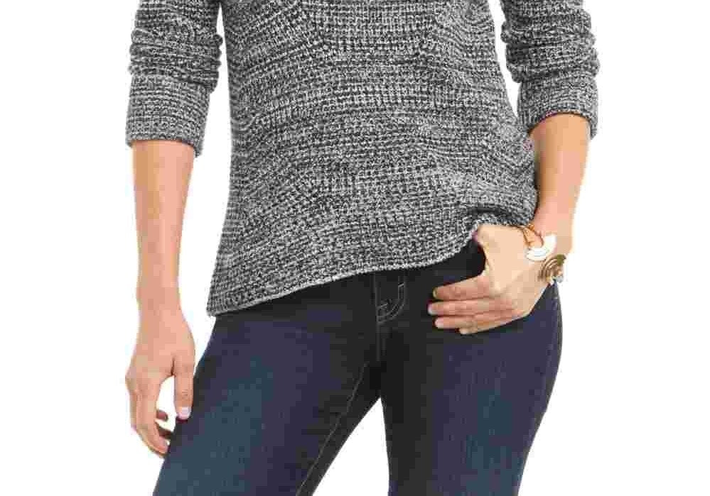 Style & Company Women's Textured Heather Long Sleeve Jewel Neck Sweater Black Size Petite Medium
