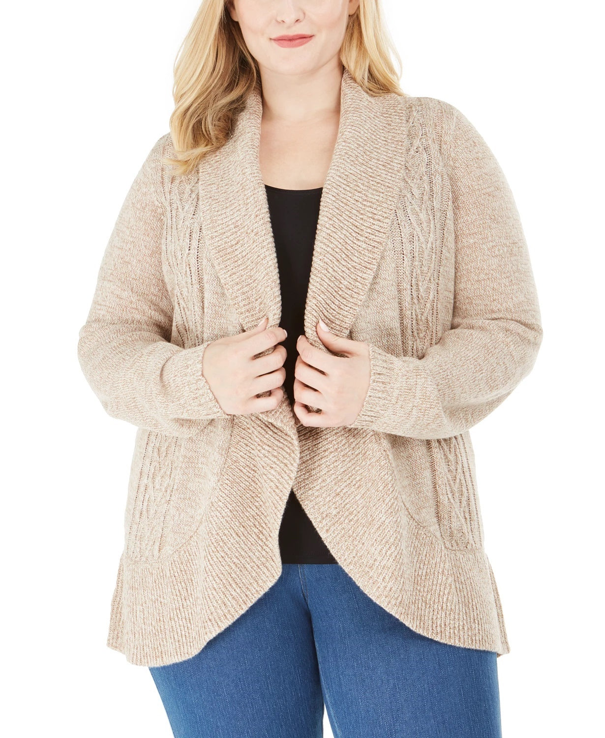 Karen Scott Women's Plus Cable Knit Cardigan Sweater Brown Size 2X