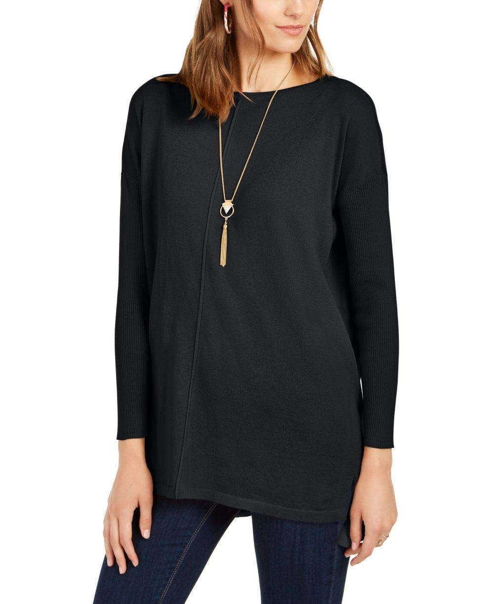 Style & Co Women's Petite Seam-Front Tunic Sweater Black Size Petite Large