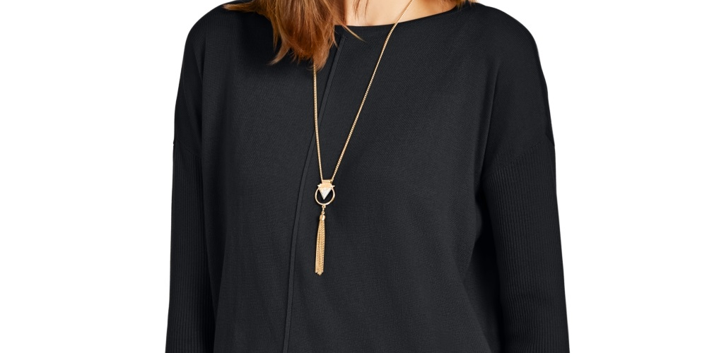 Style & Co Women's Petite Seam-Front Tunic Sweater Black Size Petite Large