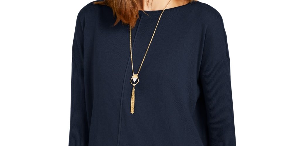 Style & Co Women's Seam Front Tunic Sweater Navy Size Petite Medium