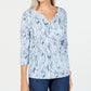 Karen Scott Women's Petite Watercolor-Print Henley Top Dark Blue Size Small