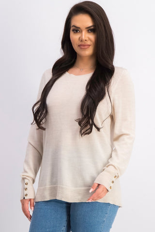 Charter Club Women's Merino Wool Button Cuff Crewneck Sweater Beige Size X-Large