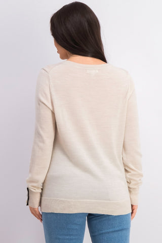 Charter Club Women's Merino Wool Button Cuff Crewneck Sweater Beige Size X-Large