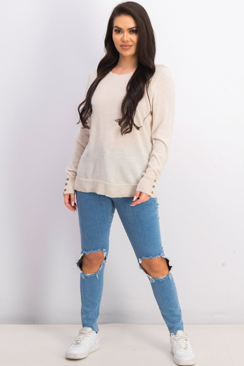 Charter Club Women's Merino Wool Button Cuff Crewneck Sweater Beige Size X-Large