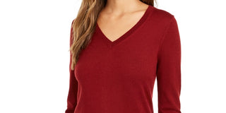 Charter Club Women's Merino Wool Button-Cuff V-Neck Sweater Wine Size Small