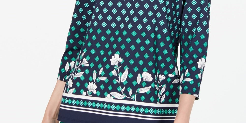 Charter Club Women's Printed Boat Neck Top Blue Size X-Large