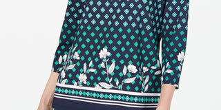 Charter Club Women's Printed Boat Neck Top Blue Size X-Large