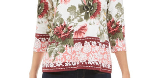 Charter Club Women's Garden Printed V Neck Top  White Size Small