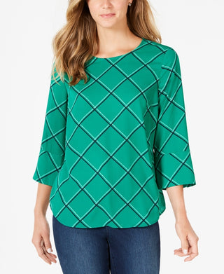 Charter Club Women's Printed 3/4 Sleeve Top Green Size Small