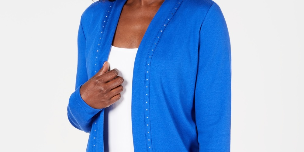 Karen Scott Women's Petite Cotton Studded Cardigan Blue Size Petite Small