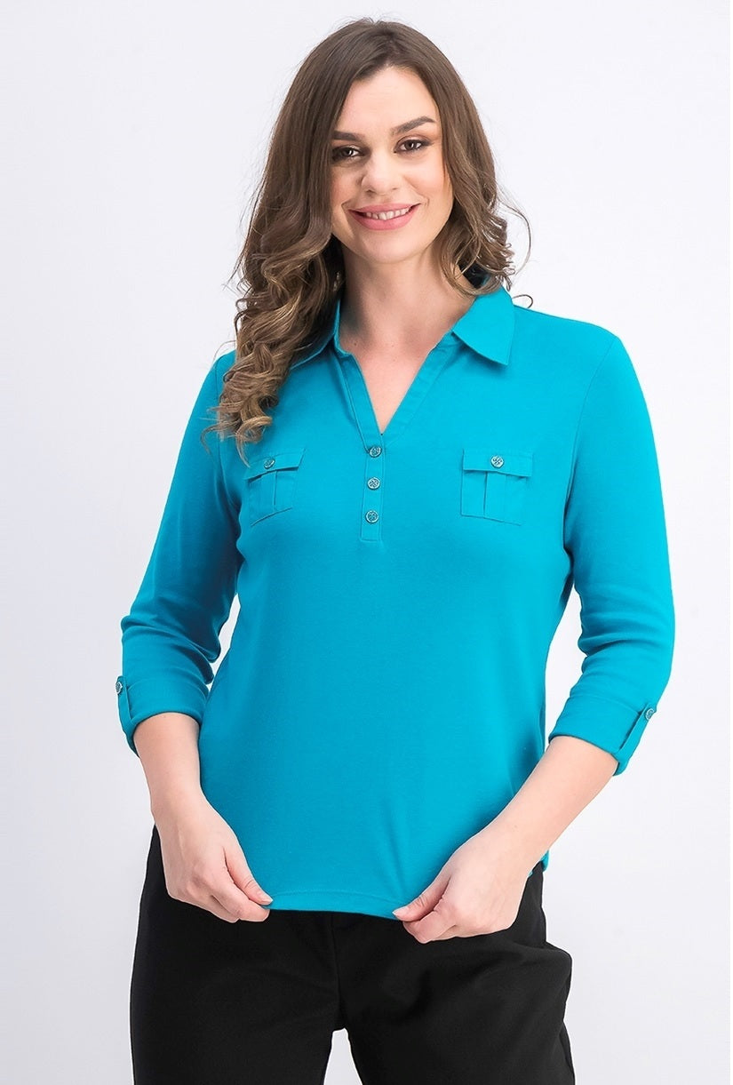 Karen Scott Women's 3/4 Sleeve Polo Shirt Blue Size Petite X-Large