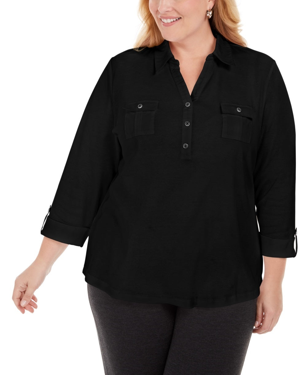 Karen Scott Women's Petite Largeus Size Cotton 3/4-Sleeve Polo Top Black Size 0X