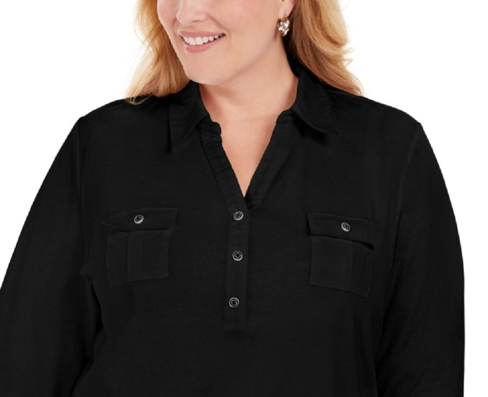 Karen Scott Women's Petite Largeus Size Cotton 3/4-Sleeve Polo Top Black Size 0X