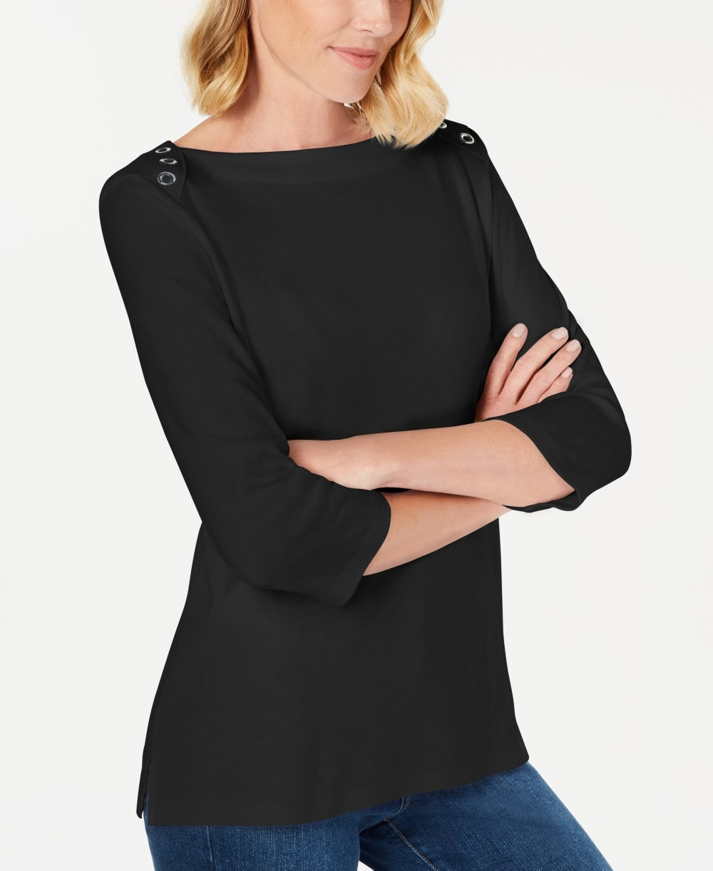 Karen Scott Women's Grommet Trim 3/4 Sleeve Top  Black Size X-Small