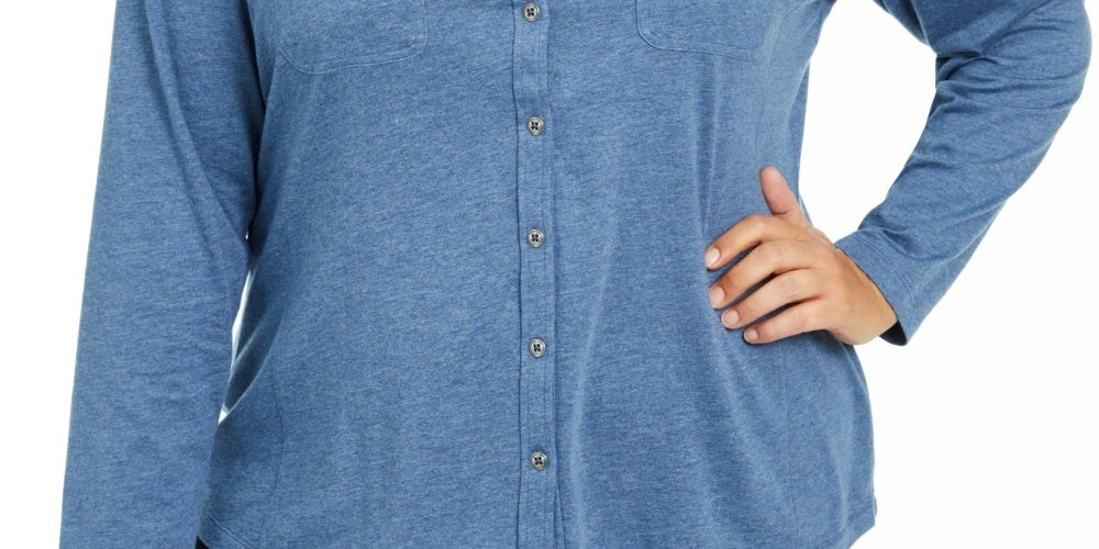 Karen Scott Women's Button Front Collared Top Blue Size 1X