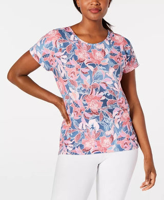 Ideology Women's Wall Flower Printed Keyhole-Back Top Pink Size X-Small