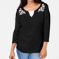 Karen Scott Women's Petite Embroidered Cotton Layered-Look Top Black Size Petite