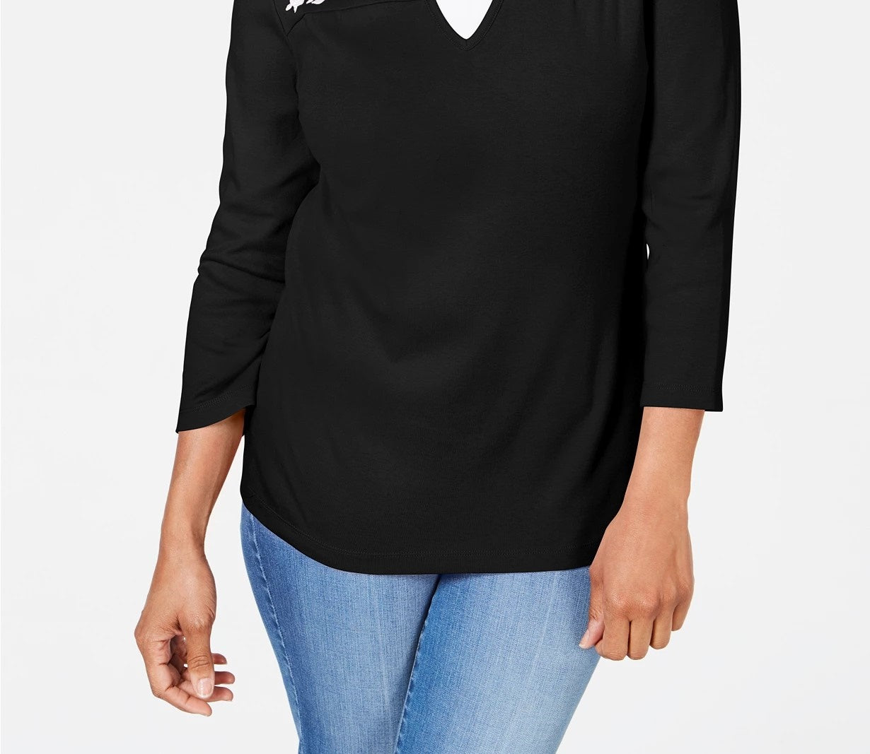Karen Scott Women's Petite Embroidered Cotton Layered-Look Top Black Size Petite