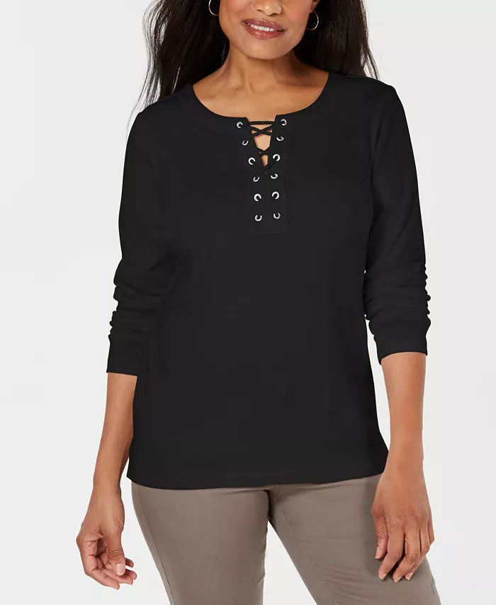Karen Scott Women's Cotton Lace Up Top Black Size Small