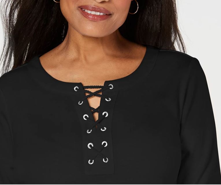 Karen Scott Women's Cotton Lace Up Top Black Size Small