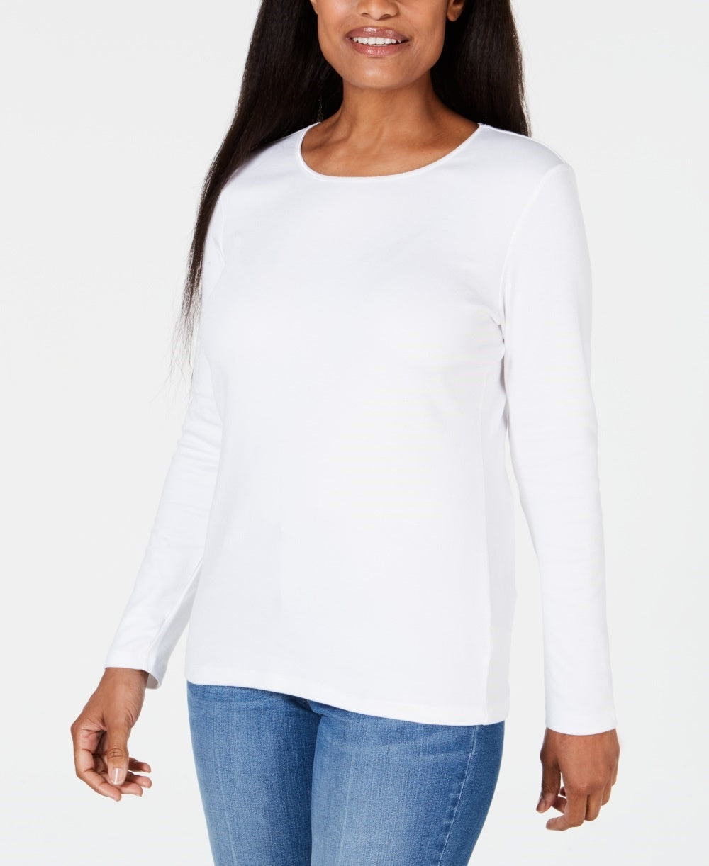 Karen Scott Women's Satin-Trim Scoop-Neck Top White Size Large