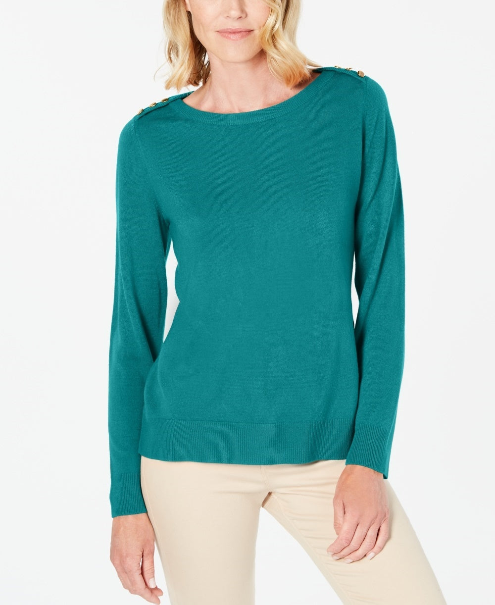 Karen Scott Women's Petite Button-Shoulder Sweater Teal Size Petite